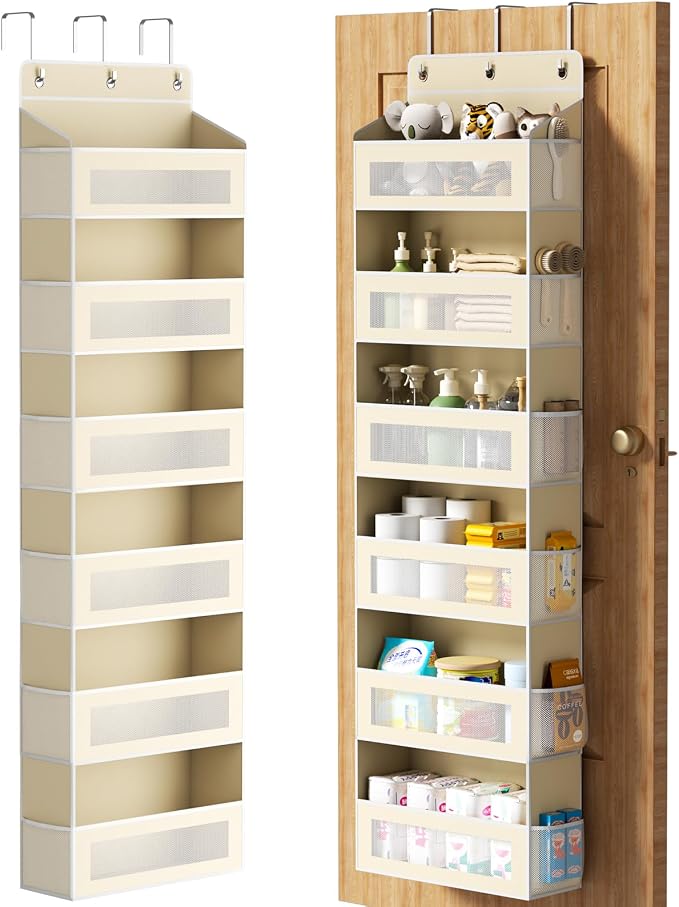 AQOOA 6-Tier Over The Door Organizer 44 lbs Capacity fit Standard Doors | Over the Door Storage 6 Large 12 Side Pocket Behind Door Storage, Closet Door Organizer Hanging Shelf, Beige