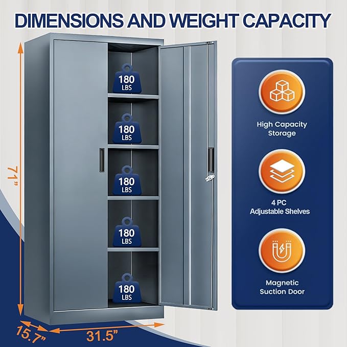 BESFUR Metal Storage Cabinet with 2 Doors and 4 Adjustable Shelves Garage Storage Cabinet with Lock 71" Office Storage Cabinets Locking Cabinets for Garage Office Shop Home (Gray)