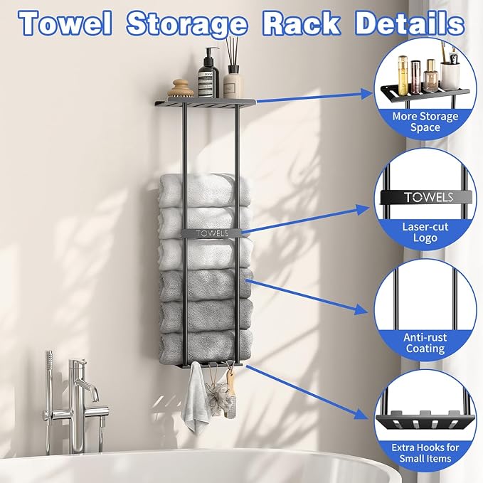 2-Tier Wall-Mounted Towel Rack with Hooks & Shelf, Black Metal Towel Holder for Small Bathrooms (Standard Version)