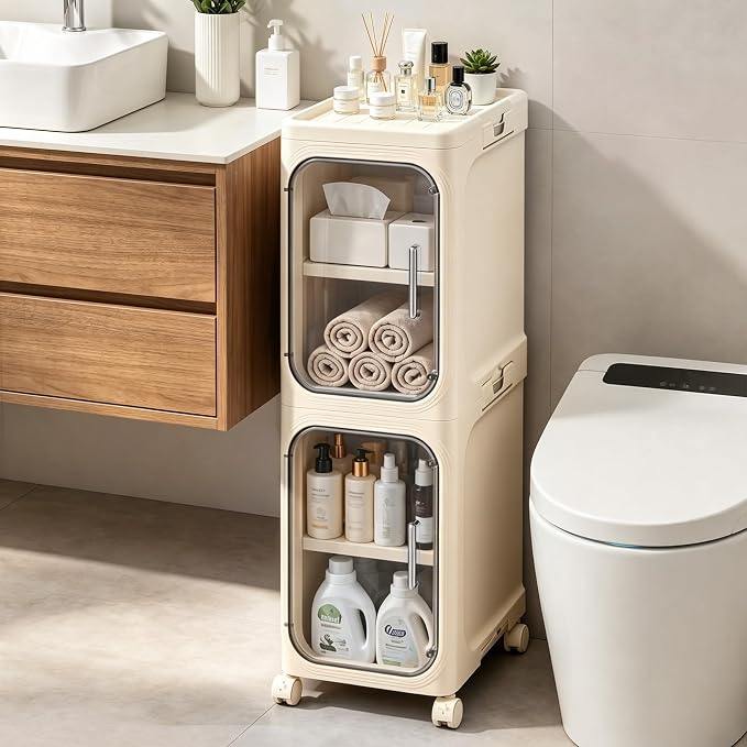 2-Tier Slim Narrow Bathroom Storage Cabinet, Cream White | Tool Free Assembly, Adjustable Shelves, Fits for Narrow Spaces, Reinforced Stability, Magnetic Clear Door
