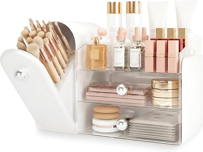 lurcns Makeup Organizer with Dustproof Brush Holder for Vanity, Large Cosmetics Organizer and Bathroom Countertop Skincare Storage with 2 Clear Drawers for Lipstick, Perfume, Eyeshadow Palettes,White