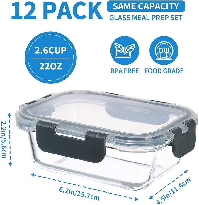 GULFLIN 12 Pack 22oz Glass Meal Prep Containers, Food Storage Containers with Lids, Air-Tight, Leak-Resistant, Freezer to Microwave Safe - Grey Set | Glass Food Storage Containers with Snap Airtight Lids, Dishwasher Safe, Freezer to Microwave Safe