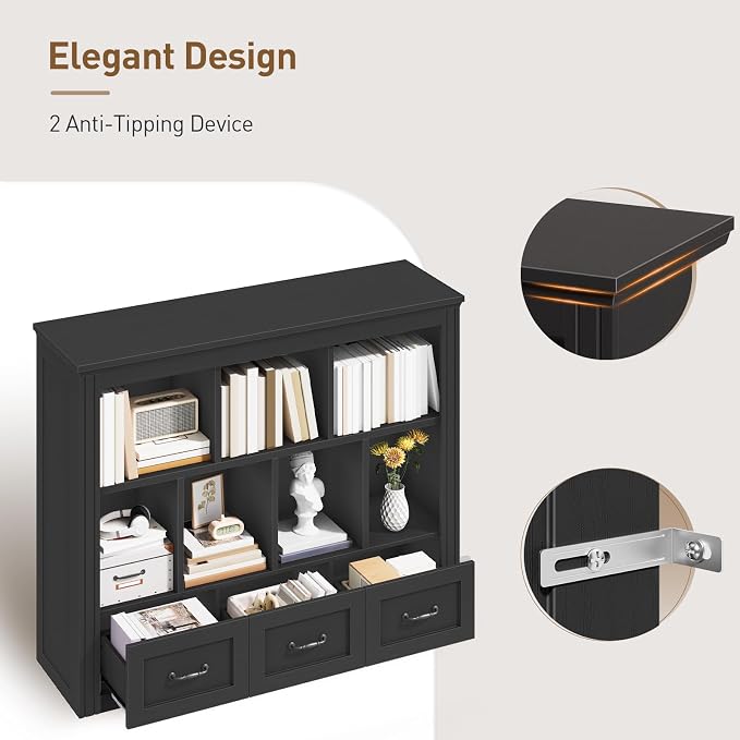 10 Cube Storage Organizer, Wooden Cubby Bookshelf, Cube Shelf Bookcase with 3 Drawers, Farmhouse Short Bookcase, 3 Tiers Floorstanding Open Bookshelf, Display Storage Shelves, Black