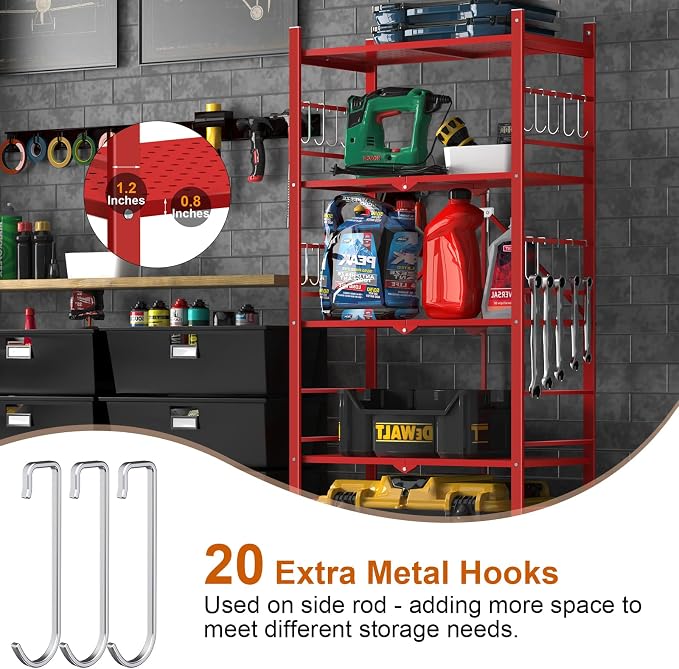 Himix Storage Shelves with 20 Hooks, 5-Tier Foldable Shelves for Storage, Folding Utility Shelf Unit Pantry Shelf with Wheels, Metal Shelving Unit Rack for Garage Christmas Room, Red - No Assembly