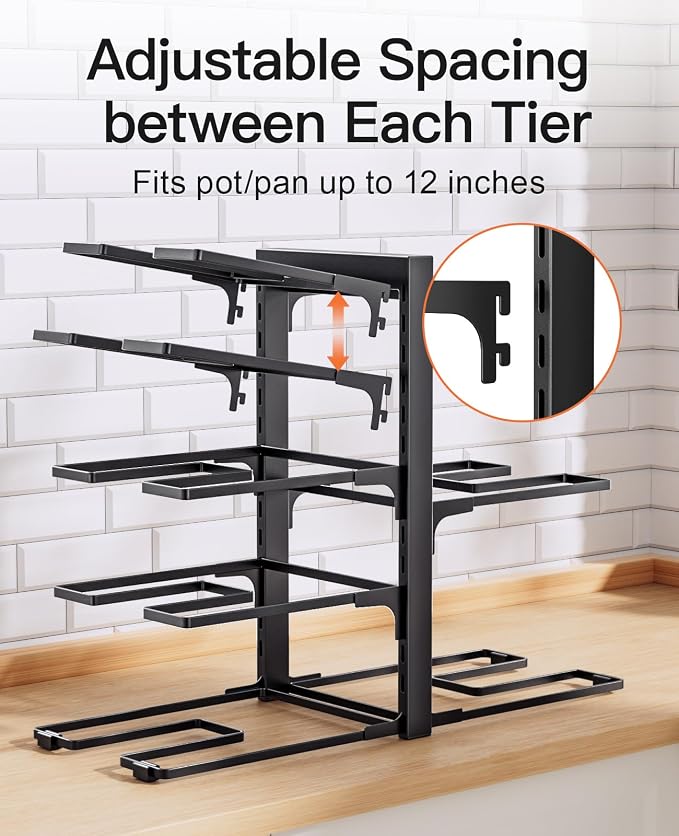 Pots and Pans Organizer Under Cabinet 15.8", 8-Tier Adjustable Black | 2 DIY Modes, Tool-Free Assembly, Max 120 Lbs, Fits Cast Iron Pans, Dutch Ovens & Heavy Cookware, For Kitchen Cabinets