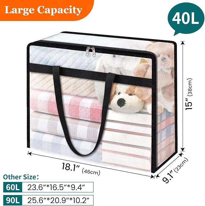 TasticTotes 4 Pack Clear Storage Bags for Comforter, Clothes & Bedding, 40L | Plastic Blanket Storage with Zipper & Handle, Foldable Moving Bags, Closet Organizer and Under-Bed Storage Containers