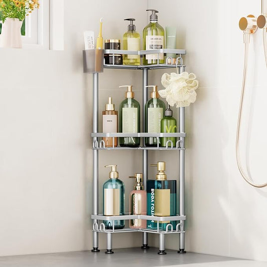 HapiRm Standing Shower Caddy Corner - 3 Tier Corner Shower Organizer with Toothbrush Holder and 12 Hooks, Large Capacity Rustproof Bathroom Shelves for Tall Bottles, Silver