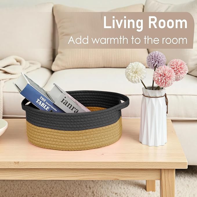 JMvicyroam Small Woven Basket, Empty Gift Basket, Black&Jute/3 Pack | Small Gift Basket, Cotton Rope, 12 x 8 x 83 in, Handles, Includes Ribbon and Bag, Birthday Gift Basket
