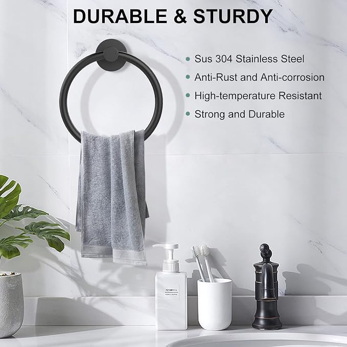 SetSail Towel Holder for Bathroom Wall Matte Black Towel Ring Stainless Steel Hand Towel Holder Heavy Duty Towel Hanger for Bathroom, 3 Packs