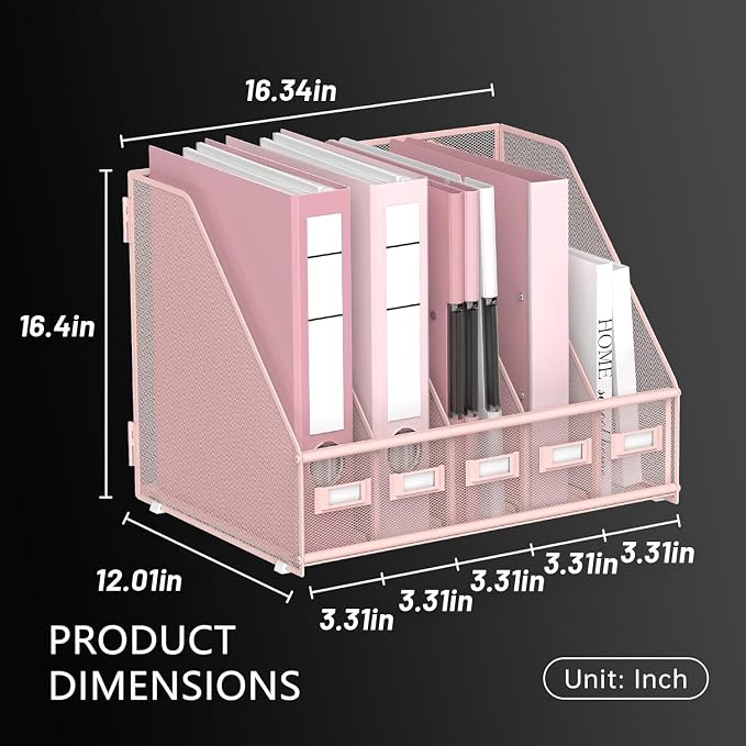 DALTACK 5-Slot Magazine File Holder, Metal Binder Holder, Pink | Iron Mesh Construction, Labeled Sections for Easy Sorting, Anti-Slip Feet, Binder and Folder Storage for Office, Classroom
