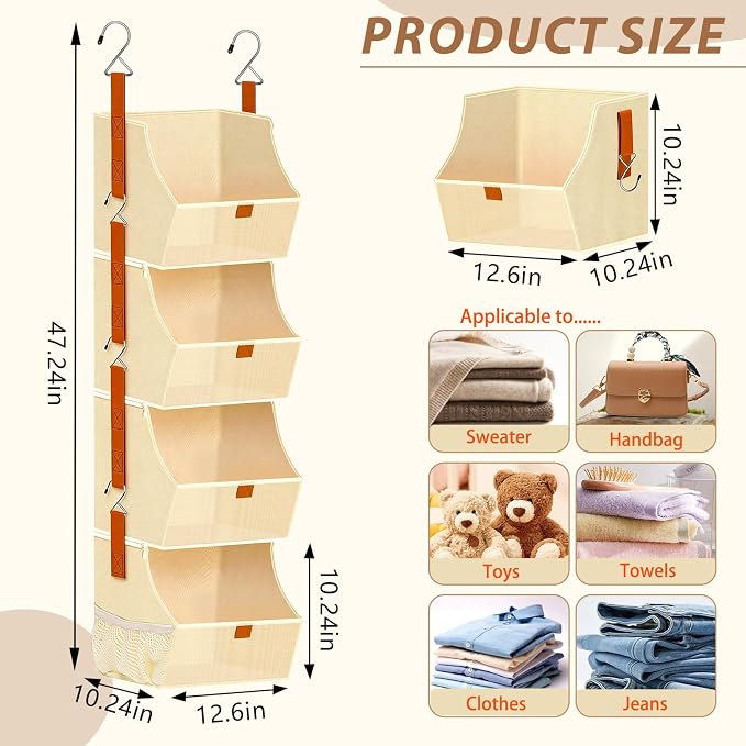 Fabric Hanging Closet Clothes Organizers and Storage Detachable 4 Tier | Hanging Clothes Organizers for Bedroom,Dorm,RV,,Camper,See Through Front Panel,Space-Saving,Can Be Separated Individually