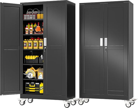 PAOFIN Metal Garage Storage Cabinet with Wheels,Steel Lockable File Cabinets with 2 Doors and 5 Adjustable Shelves,74" H Locking Tool Cabinets for Home Office, Warehouse, Required Assembly,Black