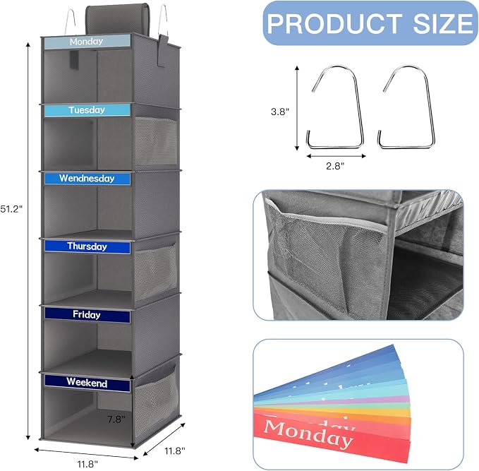 Fixwal Weekly Kids Clothes Organizer 2 Pack 6-Shelf Hanging Storage | Nonwoven Fabric, 6 Daily Shelves, 6 Mesh Side Pockets, 2 Metal Hooks, Foldable Design, for Kids Outfits and Accessories
