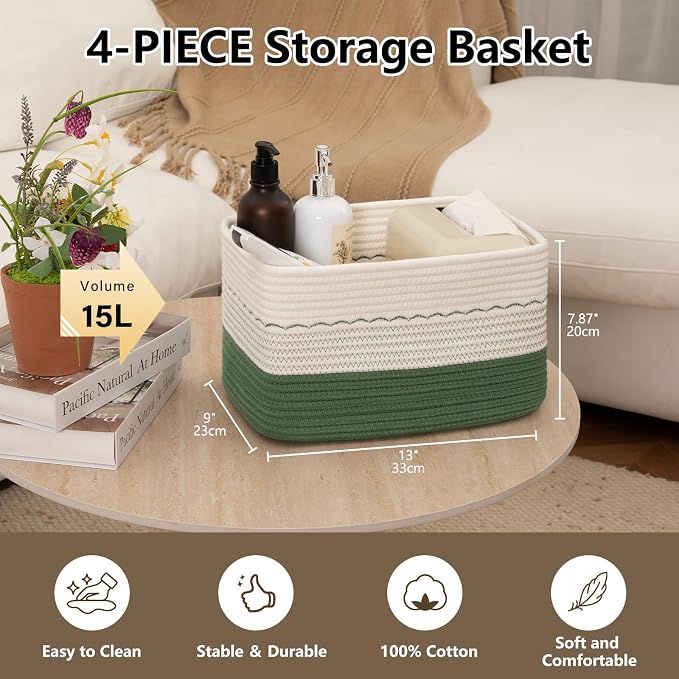 OIASKET 4 Pack Storage Baskets for Organizing, 13"X9"X7.87", Decorative Cotton Rope Baskets for Shelves, Small Woven Basket for Toys, Books and Towels, Green & White