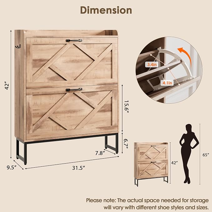 Nicetree Shoe Storage Cabinet with 2 Flip Drawers, Entryway Organizer, Oak | Slim Shoe Cabinet with Metal Legs, Narrow Farmhouse Shoe Organizer for Entryway, Foyer, Hallway, Wood Shoe Rack with Hook