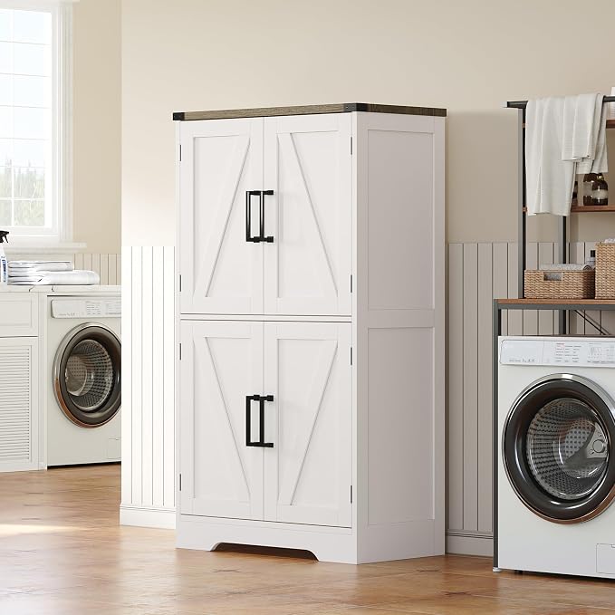 Treocho Farmhouse Bathroom Floor Cabinet with Adjustable Shelves | 13.78"D x 23.62"W x 43.46"H, Freestanding Kitchen Pantry Cabinet, Cupboard for Living Room, Dining Room, White