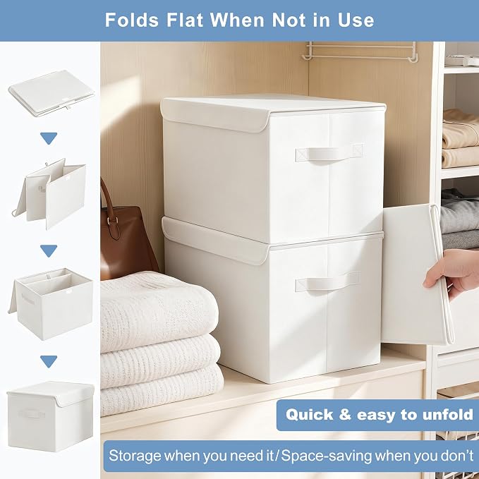 Bagnizer Large 22 Quart Linen Fabric Foldable Storage Bin Cube Organizer Basket with Flip-Top Lid & Handles, Clothes Blanket Box for Home, Office, Closet, White, 4 Pack 14.6 x 9.5 x 9.5”