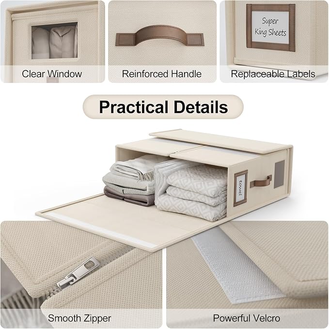 4 Pack Foldable Bed Sheets Set Organizers and Storage(Cal King Size),Linen Fabric Closet Organizers with Window,Folding Bedding Storage Box for Bedsheets and Pillow Cube Organizer-Beige