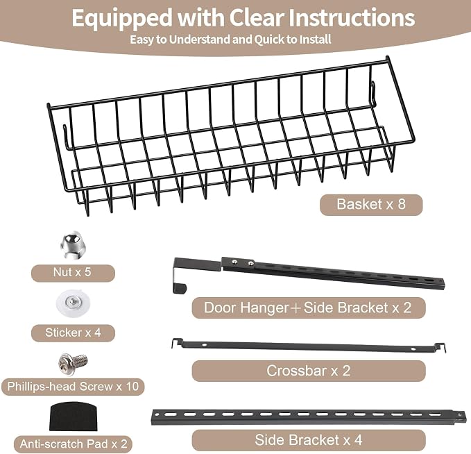 ElegantArray 8-Tier Pantry Door Organizer, Black | Over The Door, Hanging Spice Rack Shelves, Home Office Laundry Room Bathroom & Kitchen, Storage Rack