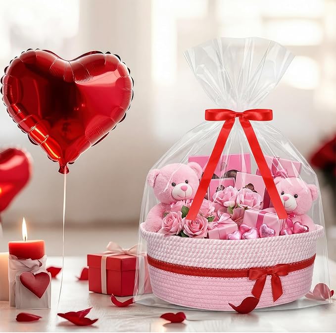 Colingmill 1 Set Woven Empty Basket for Gift,Pink Red | with Cellophane Wrap Set, 14 x 10 x 5.5 Inch, Medium Decorative Gift Basket, Cotton Rope Storage Box, Home Decor