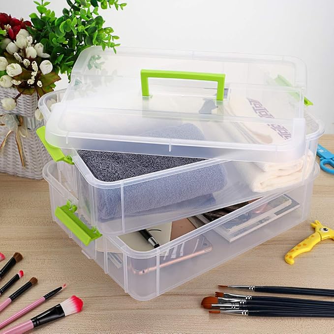 JUXYES 2-Tiers Plastic Stack Carry Storage Containers Box wih Handle Lids | Clear Stackable Latching Craft Storage Bin for School Office, Organizing Stationery, Sewing, Art Craft, DIY Supplies, Green