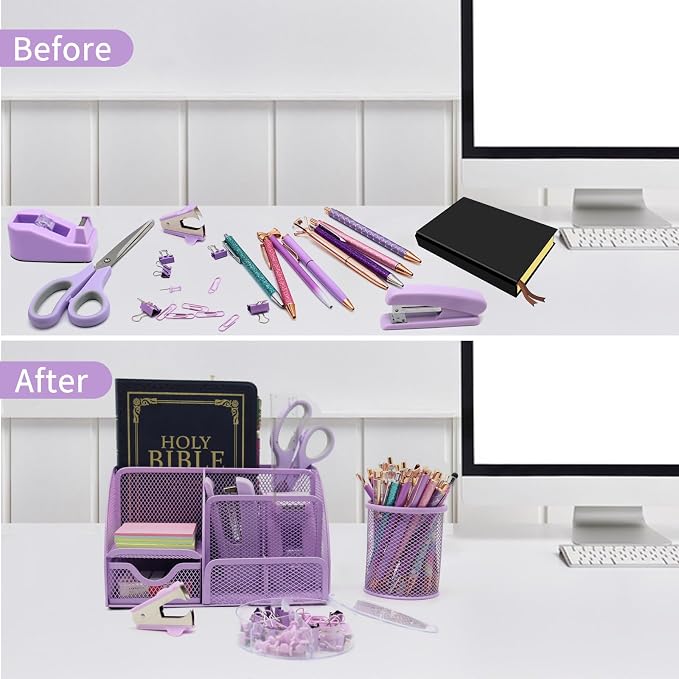 Purple Desk Organizers and Accessories,12Pcs Pink School Supplies for Girl | Office Supplies for Women Coworkers Students, Include Stapler, Pen Holder, Tape Holder, Scissors, Ruler, Staple Remover