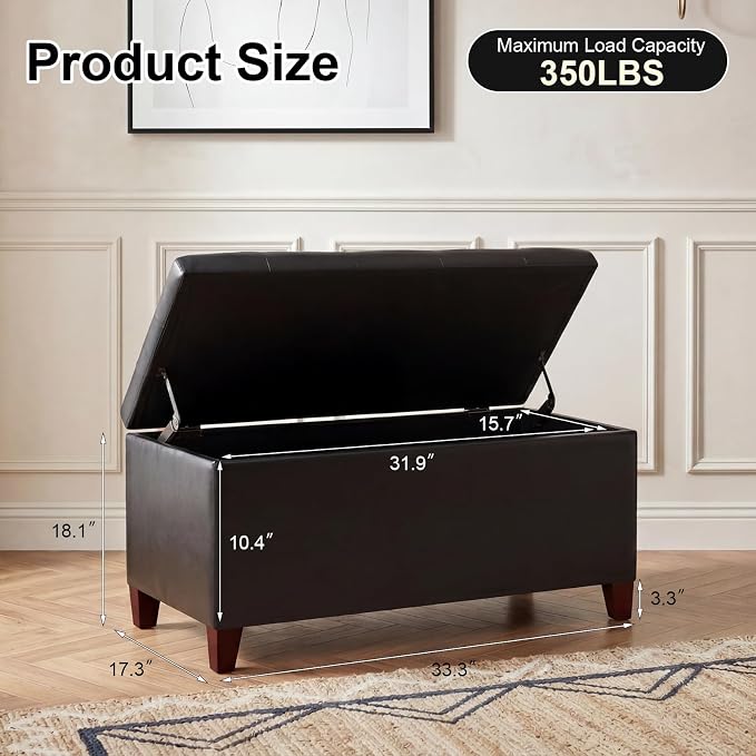 Storage Ottoman Bench, 33" Faux Leather Upholstered End of Bed Bench with Safety Hinge,Wooden Legs,for Entryway Bedroom Living Room,Black