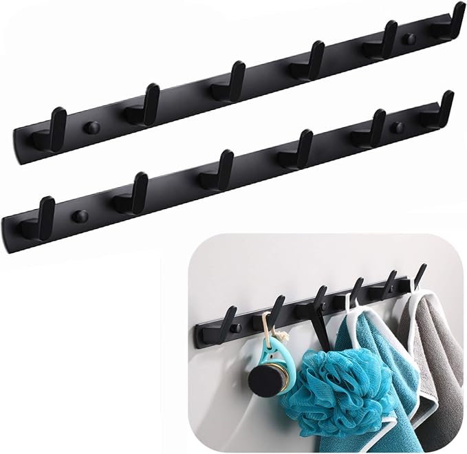 Wall Mounted Coat Rack, 6 Hooks, 21.7"x1.3", Modern, Black, 2 Pcs | Space Aluminum, Rustproof, for Hallway, Entryway, Hanging Holder for Clothes, Towel, Backpack, 40 lbs Capacity, Easy Install