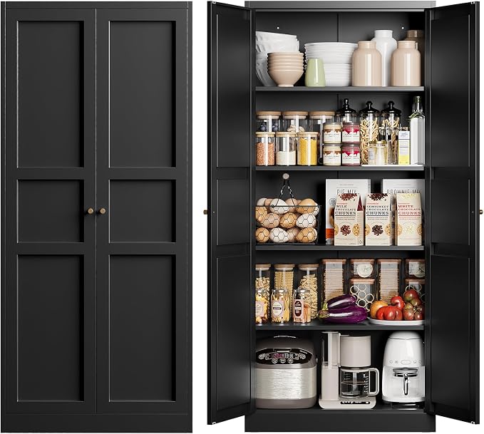 Yizosh Metal Storage Cabinet with 2 Doors and 5 Adjustable Shelves - 71" Black Kitchen Pantry Storage Cabinet, 5-Tier Tall Steel Cabinet Locker for Kitchen, Living Room, Dining Room