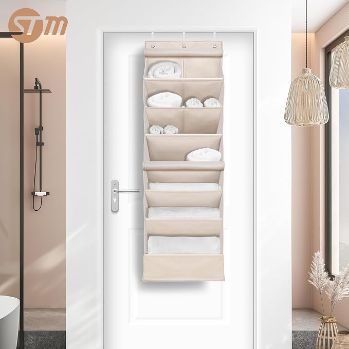 STORAGE MANIAC Over the Door Shoe Organizer with Curtain Dustproof Heavy-Duty Large Deep Pocket Hanging Shoe Organizer for Closet Dorm & Narrow Door Storage Shoe Holder Shoe Rack, 7-Shelf Beige 1 Pack
