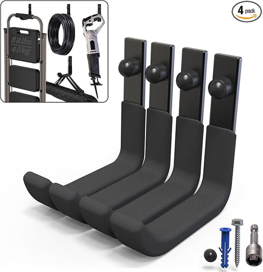 4 Pack Garage Storage Hooks, 4 Inch Wall Mount Ladder Hangers | Heavy Duty Wall Hooks, Utility Steel Ladder Hooks for Hanging Shed Tools, Ropes, Garden Hoses, Shovel, Bulk Items | 88 Lbs