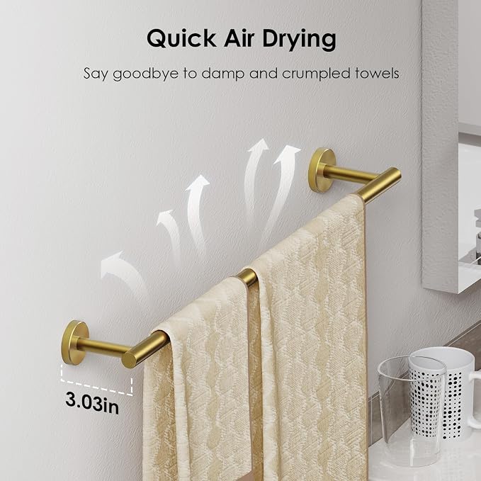 FORIOUS Towel Bar 24" Towel Racks for Bathroom Wall Mounted Brushed Gold | Total Length 26 Inch, Rustproof, Stainless Steel Towel Holder, Wall Mounted for Bathroom Bedroom, Heavy Duty, Space Saving