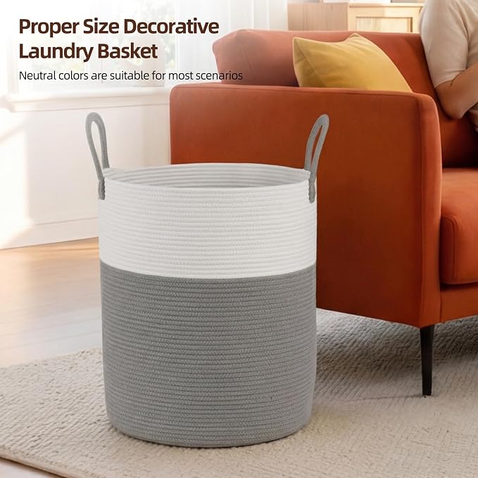 OIAHOMY Large Laundry Basket Hamper - 60L Cotton Rope Woven Basket for Blankets, Toys, Clothes - Tall Decorative Nursery Hamper with Long Handles, Grey/White