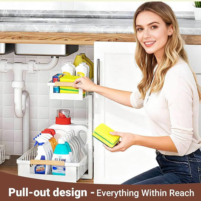 2 Pack Under Sink Organizer, 2 Tier Pull Out Cabinet Organizer with 5-Level Adjustable Height, Sliding Metal Storage Rack for Kitchen Bathroom Pantry, White