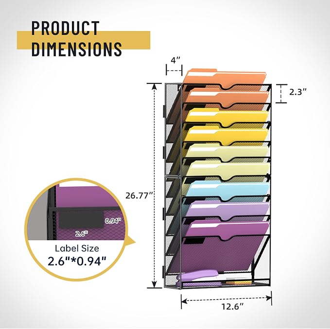 SUPEASY 10Tier Hanging Wall File Holder Organizer for Papers, Folders, Files Clipboard & Magazine Organization Great for Office Home, Assembly Needed, Black | Paper, Folder, Magazine Rack Great for Office Home School, Assembly Needed, Black