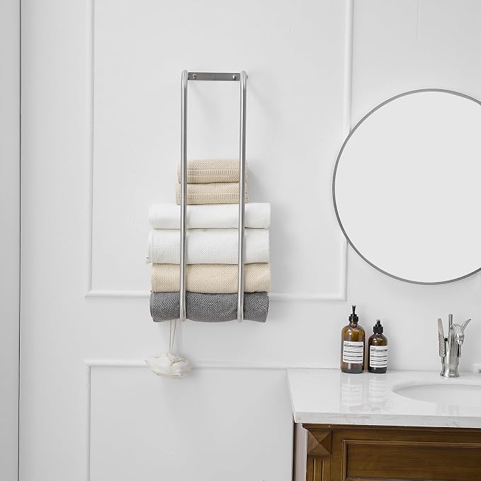 BWE Brushed Nickel Towel Racks for Bathroom Wall Mounted for Rolled Towels | Bathroom Towel Rack Storage Stainless Steel Vertical Towel Holder Bathroom Organizer Space Saving for Bedrooms Hotels