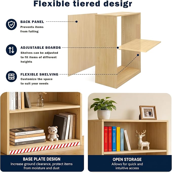 CTESNE【2026 Adjustable Shelves 3-Tier Bookcase, 71 inches, Wooden Open Display Floor Bookshelf (Oak Color)