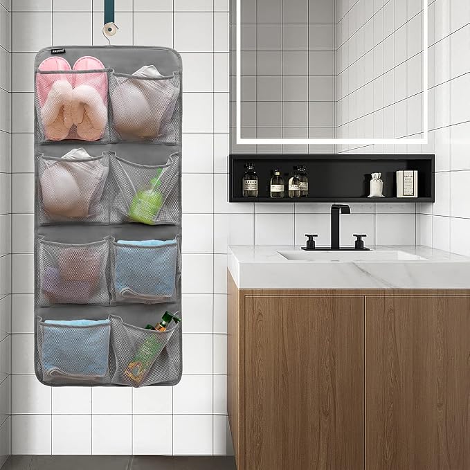 Dual-Sided Hanging Closet Organizer for Socks Underwear Bra Kids Storage Organizer for Baby Clothes Toddler Shoes with 26 Pockets (Grey-Mesh Pockets)