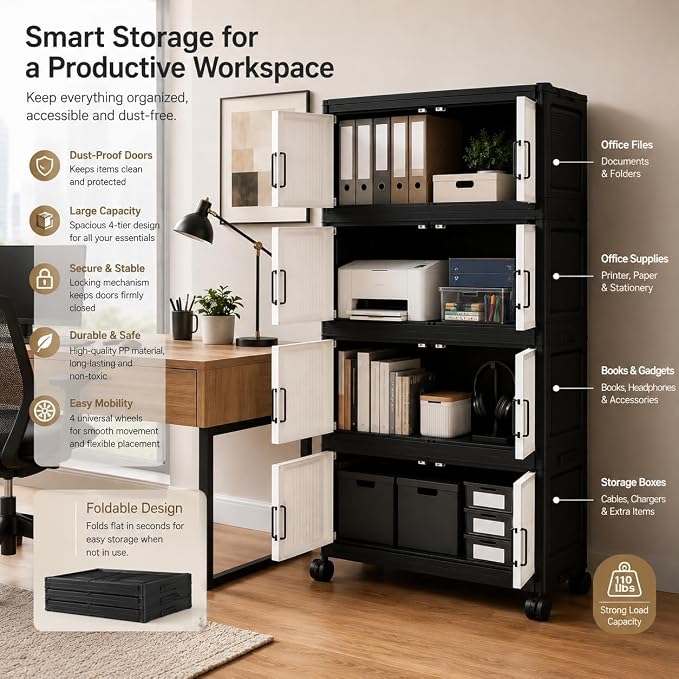 5 Tier Foldable Storage Cabinet with Top Lid, Tall Mobile PP Storage Organizer with Magnetic Doors and Wheels, Space-Saving Collapsible Organizer for Bedroom Living Room Kitchen Pantry Bathroom