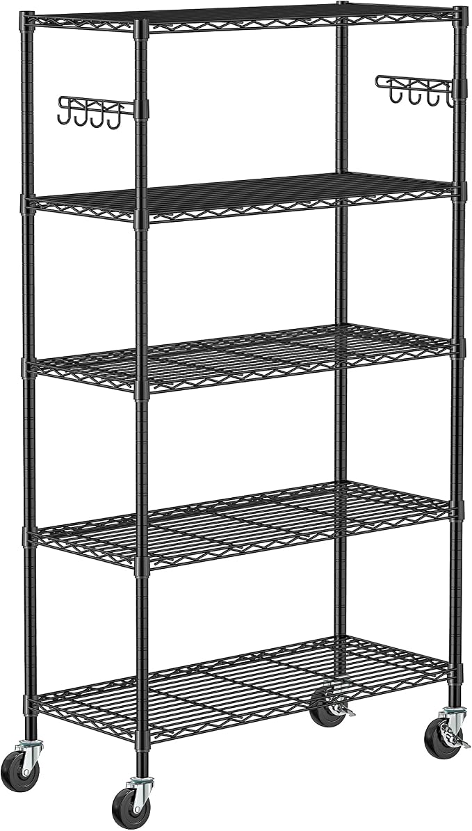 5 Tier Metal Shelving Unit Wire Storage Shelf with Wheels(14D x 36W x 75H) | Rolling Shelf Adjustable Utility Storage Rack Heavy Duty Wire Shelving Organizer for Kitchen Pantry Garage Basement, Black