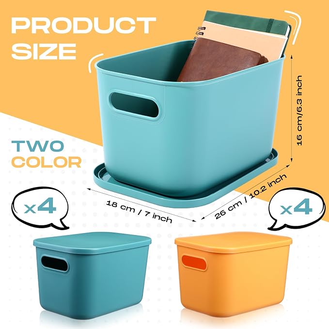 8 Pieces Colorful Storage Bins with Lid, Plastic Storage Basket Organizing Container Stackable Box with Handle for Shelves Desktop Playroom Office(10.2 x 7 x 6.3 Inch,Green and Yellow)