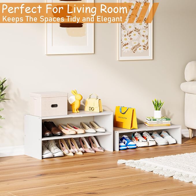 3-Tier Expandable White Shoe Rack Organizer for Closet, Stackable Shoe Racks Storage Shelf, Small Metal Wood Combination Shoe Shelves for Closets,Entryway,Front Door, Narrow Space,Hallway,8-16 Pairs
