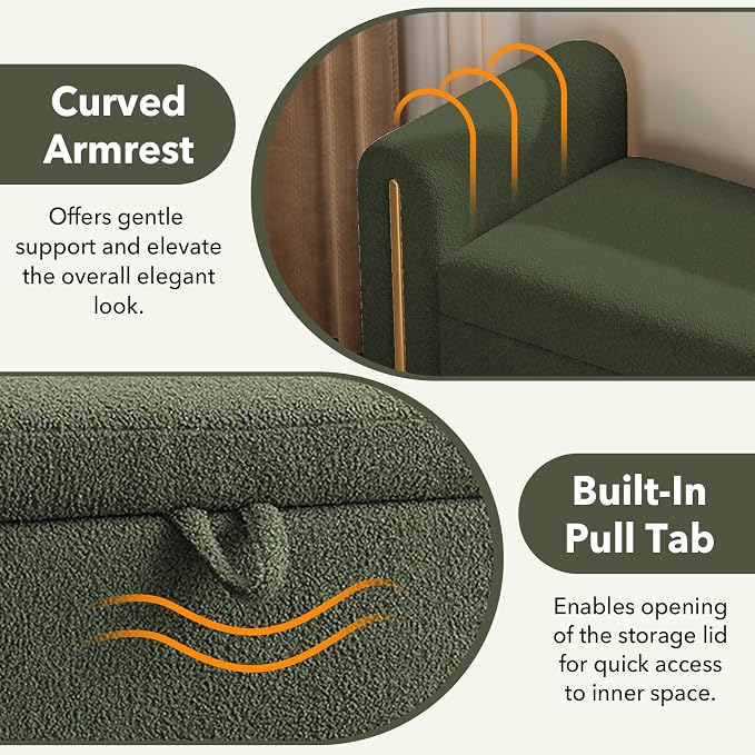 52" Flip-Top Storage Ottoman Bench, Teddy Entryway Bench (Green) | Teddy Fleece Upholstered End of Bed Bench with Armrests, Soft Padded Window Bench for Living Room Bedroom Entryway
