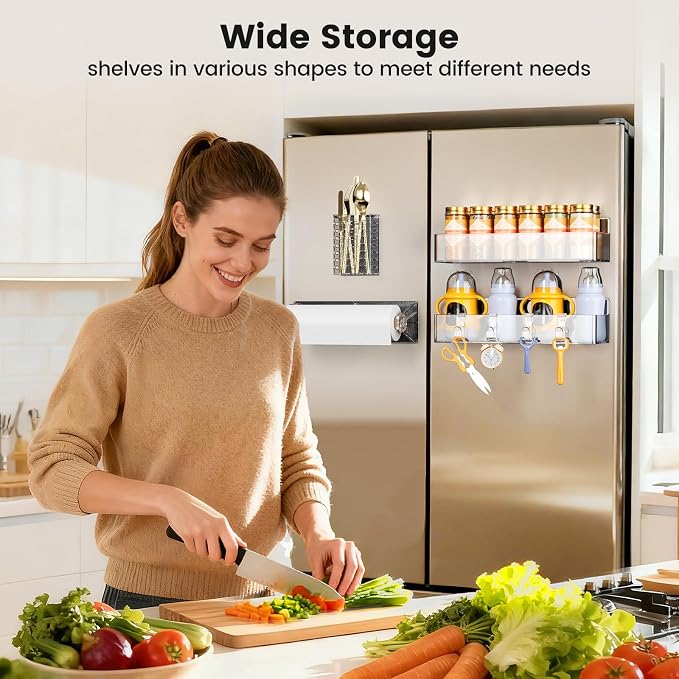 Mystozer Magnetic Spice Rack for Refrigerator,4 Pack Magnetic Shelf,Fridge Magnet Organizer with Paper Towel Holder and Utensils Racks,Fridge Organizers and Storage Clear(4 Pack)
