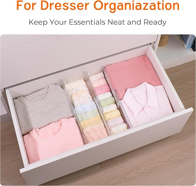 8 Pack 4" High Drawer Dividers for Clothes, 10.2"-16.5" Expandable Dresser Drawer Organizers, Adjustable Plastic Clear Drawer Separators for Kitchen, Baby Clothing, Socks, Underwear, Bedroom