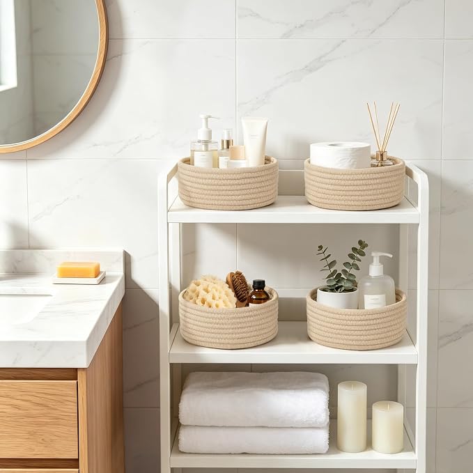 Dahey 4 Pcs Small Woven Storage Baskets for Gifts, 8.66"W x 3.15"H, Beige | Soft Odor-Free Cotton Rope, Open-Top, Tiny Round Basket, Multi-Use Organizing, Holds Cosmetics Keys for Bathroom Home Shelves