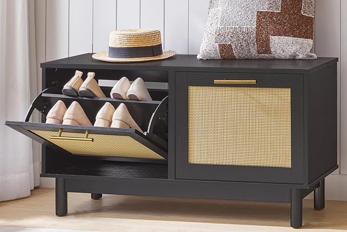 HOOBRO Rattan Shoe Storage Bench with Double Flip Drawers, Narrow Shoe Storage Organizer for Entryway, 11.8" D x 39.4" W x 20.9" H, Hidden Space Saving Wooden Shoe Cabinet for Hallway, Black BN51HX01