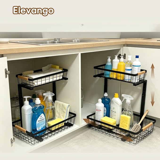 2-Tier Pull-Out Under Sink Organizer, Height Adjustable Sliding Shelf, Heavy Duty Carbon Steel, Wooden Handle & Suction Cup Base, Rust-Proof & Anti-Shake, for Kitchen Bathroom, Black (black)