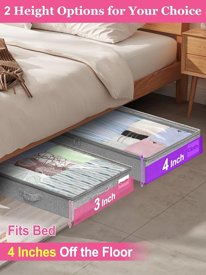 3-in Low Profile Under Bed Storage, No Structure, 2-Pack, Gray | 3" Ultra-Slim, Clear Lid, Reinfoced Handles & Smooth Zips, Dustproof & Waterproof, for Low Bed, Couch, Crib Storage