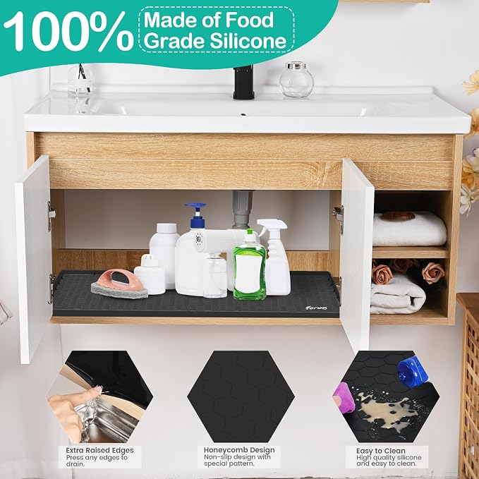 Silicone Under Sink Mat, 31"x22", Waterproof Cabinet Liner, Black | Shelf Liner, Cabinet Protector, Home Organizer, for Kitchen, Bathroom, Multipurpose, Leak Proof, Easy Clean, Drip Tray, Clean